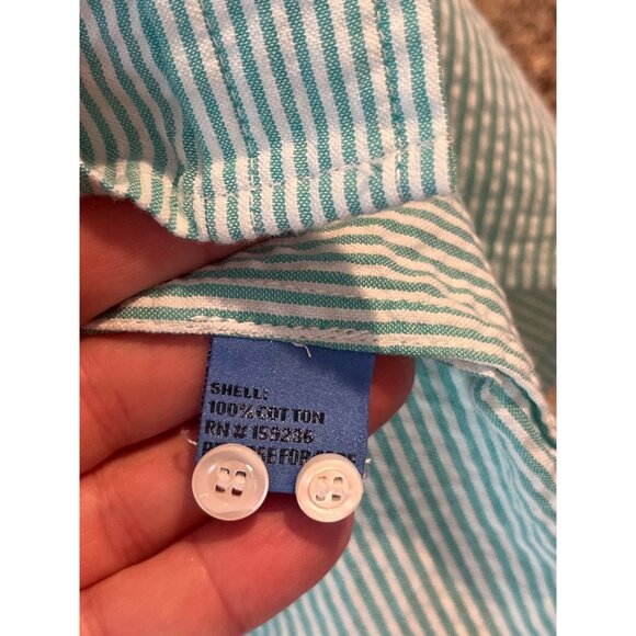J.McLaughlin Womens Seersucker Button-Down Shirt L Striped Aqua White Cotton Rel - Picture 6 of 8